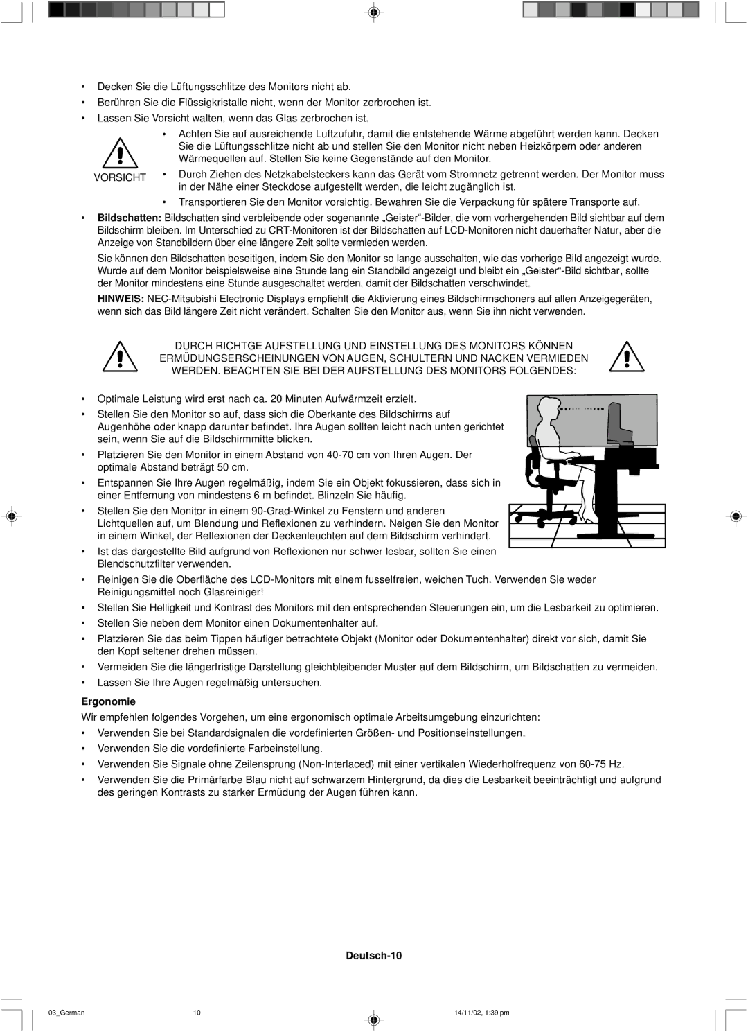 NEC LCD1760NX user manual Ergonomie, Deutsch-10 