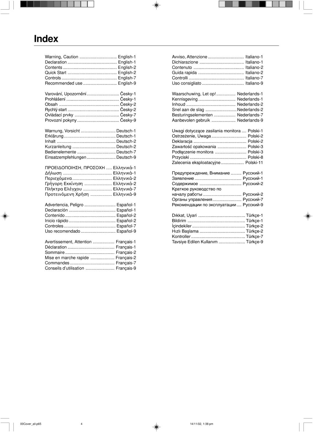 NEC LCD1760NX user manual Index, English-9 