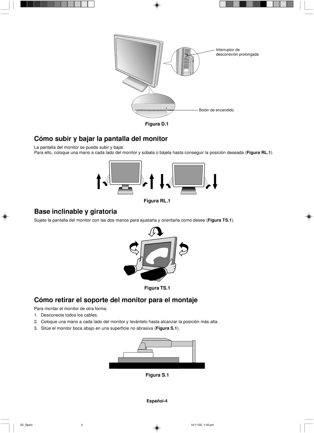 NEC LCD1760NX user manual Cómo subir y bajar la pantalla del monitor, Base inclinable y giratoria, Español-4 