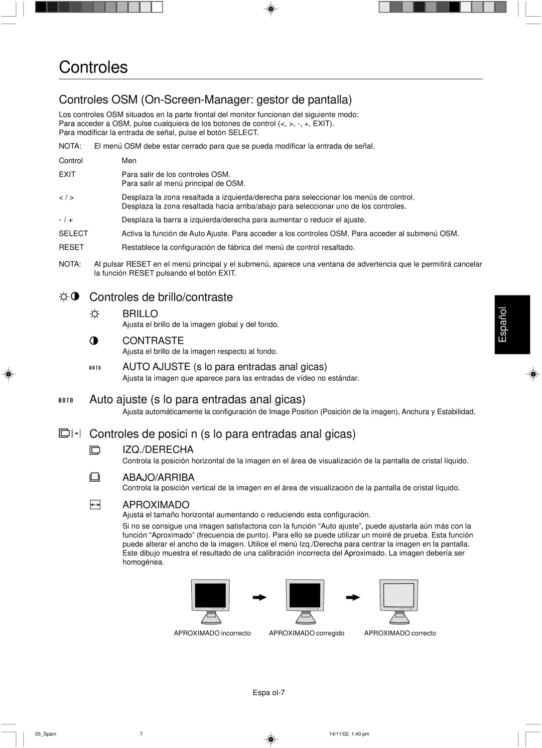 NEC LCD1760NX user manual Controles OSM On-Screen-Manager gestor de pantalla, Controles de brillo/contraste 