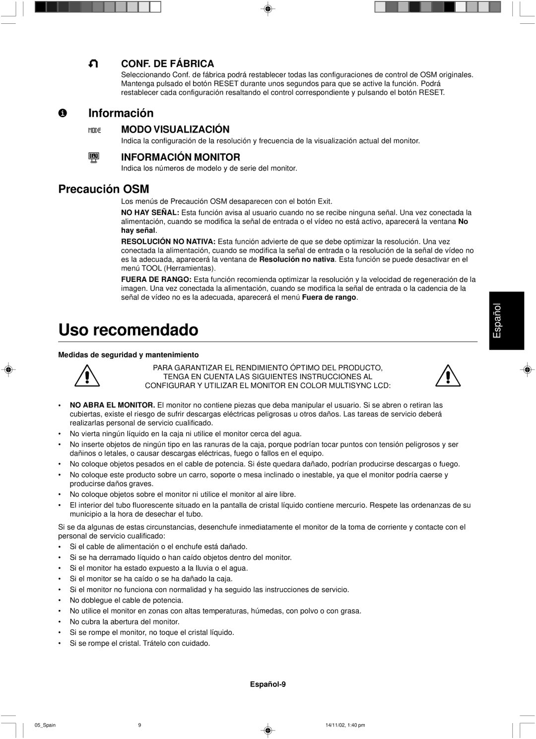 NEC LCD1760NX user manual Uso recomendado, Información, Precaución OSM 