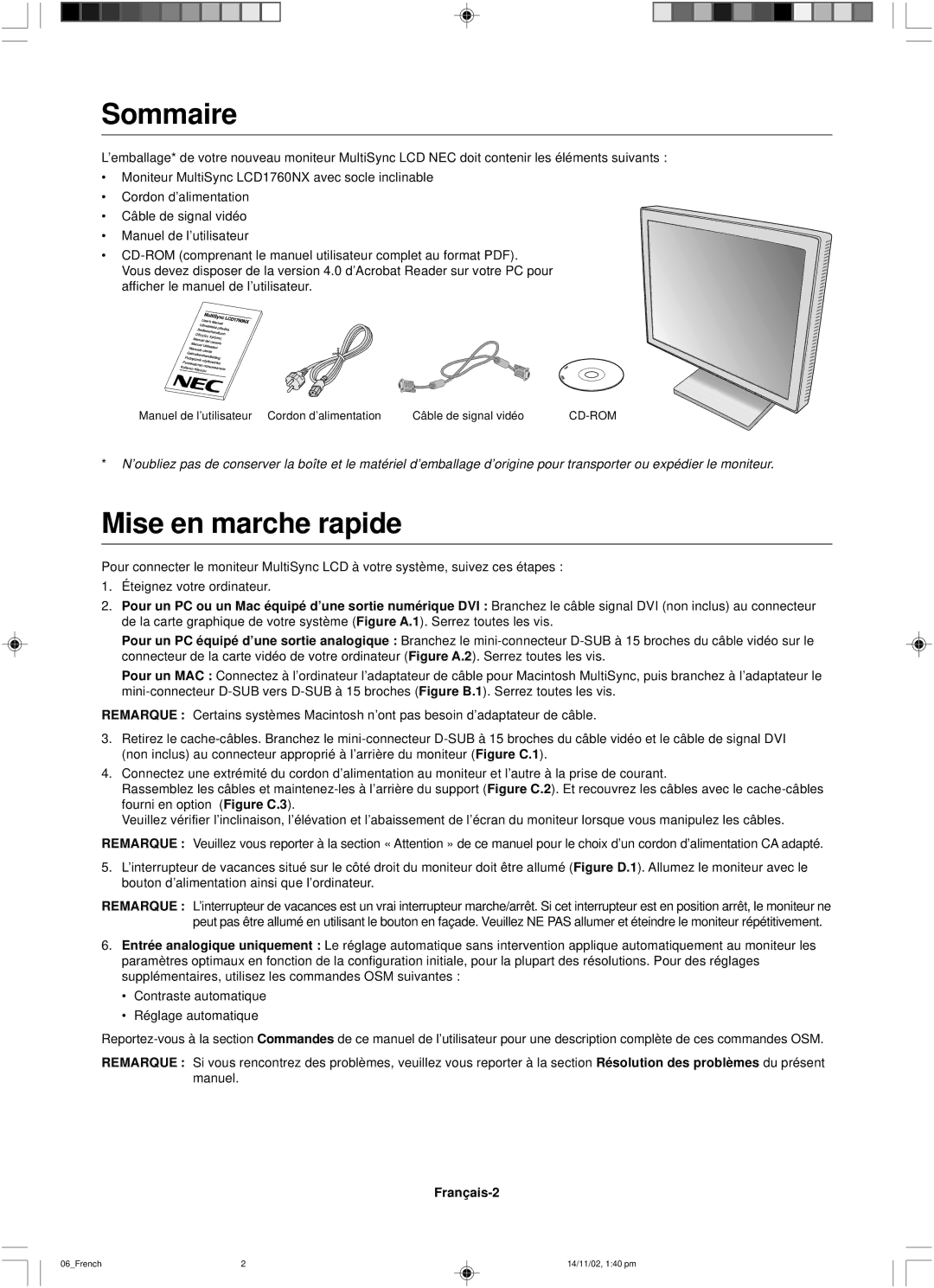 NEC LCD1760NX user manual Sommaire, Mise en marche rapide, Français-2 