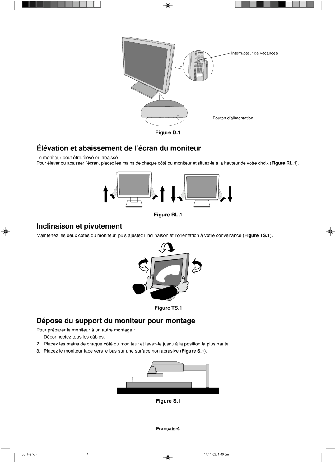 NEC LCD1760NX user manual Élévation et abaissement de l’écran du moniteur, Inclinaison et pivotement, Français-4 