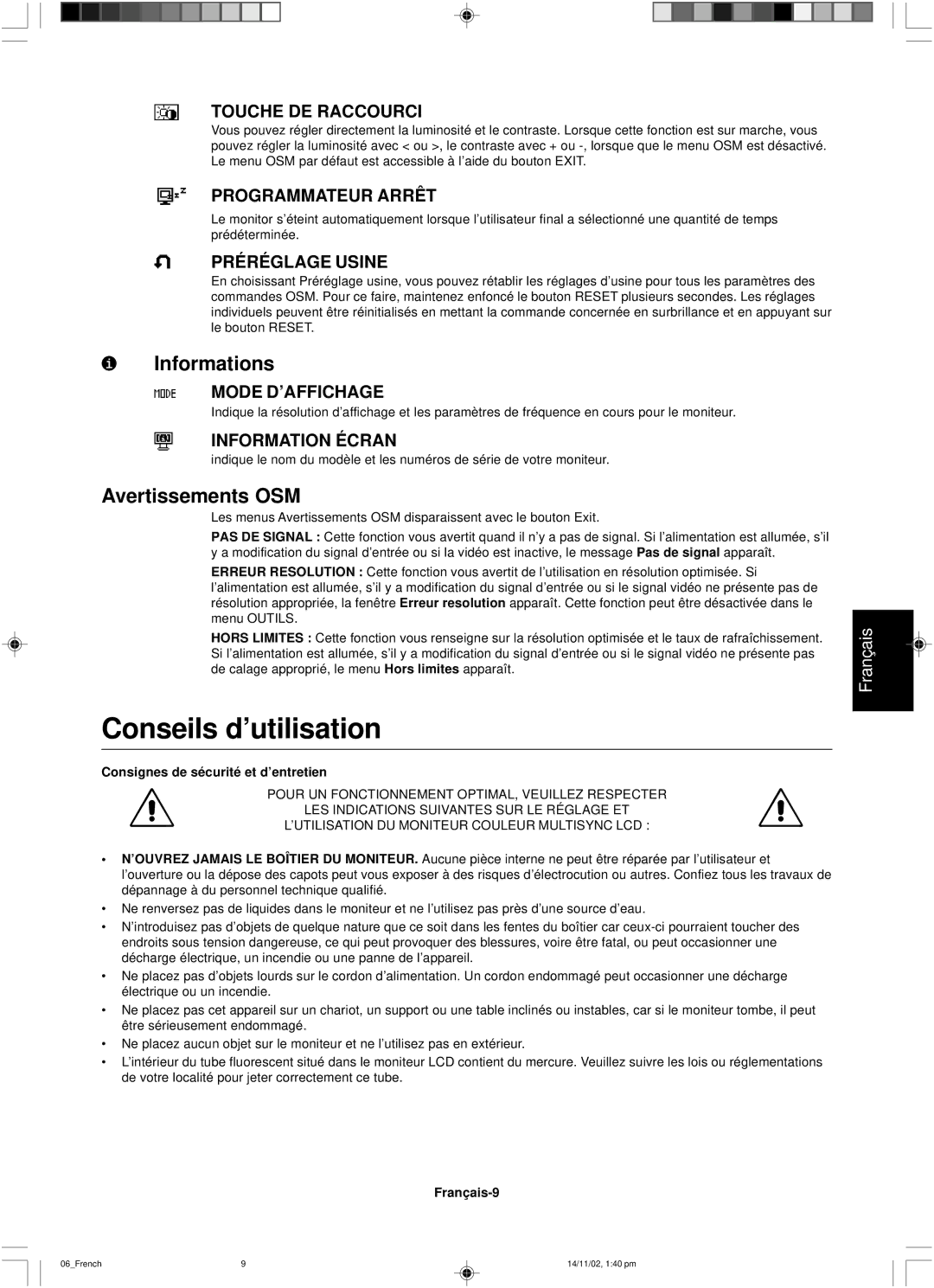 NEC LCD1760NX user manual Conseils d’utilisation, Informations, Avertissements OSM 