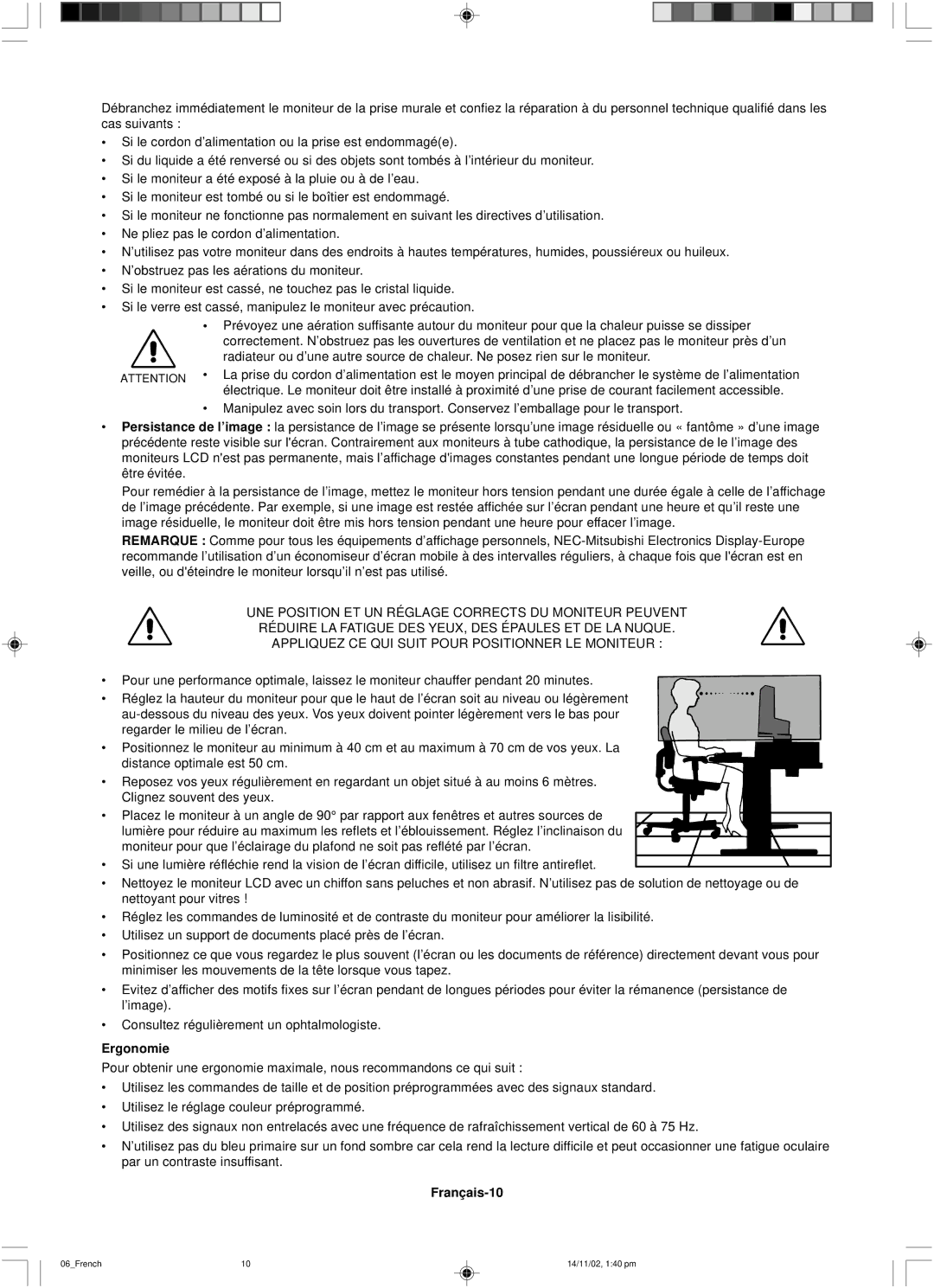 NEC LCD1760NX user manual Ergonomie, Français-10 