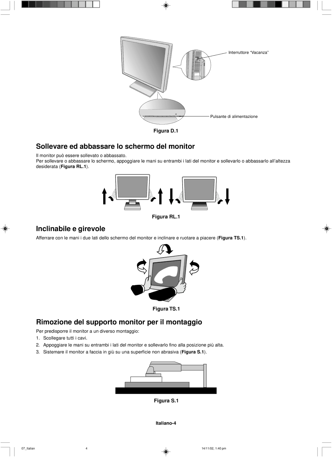 NEC LCD1760NX user manual Sollevare ed abbassare lo schermo del monitor, Inclinabile e girevole, Italiano-4 