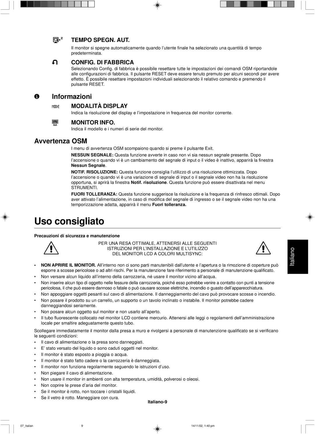 NEC LCD1760NX user manual Uso consigliato, Informazioni, Avvertenza OSM 