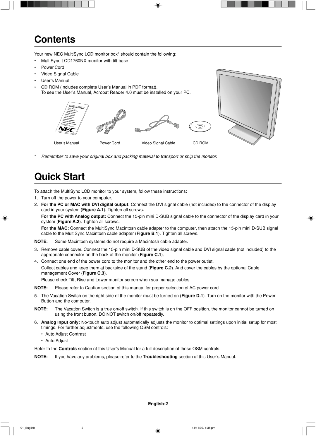 NEC LCD1760NX user manual Contents, Quick Start 