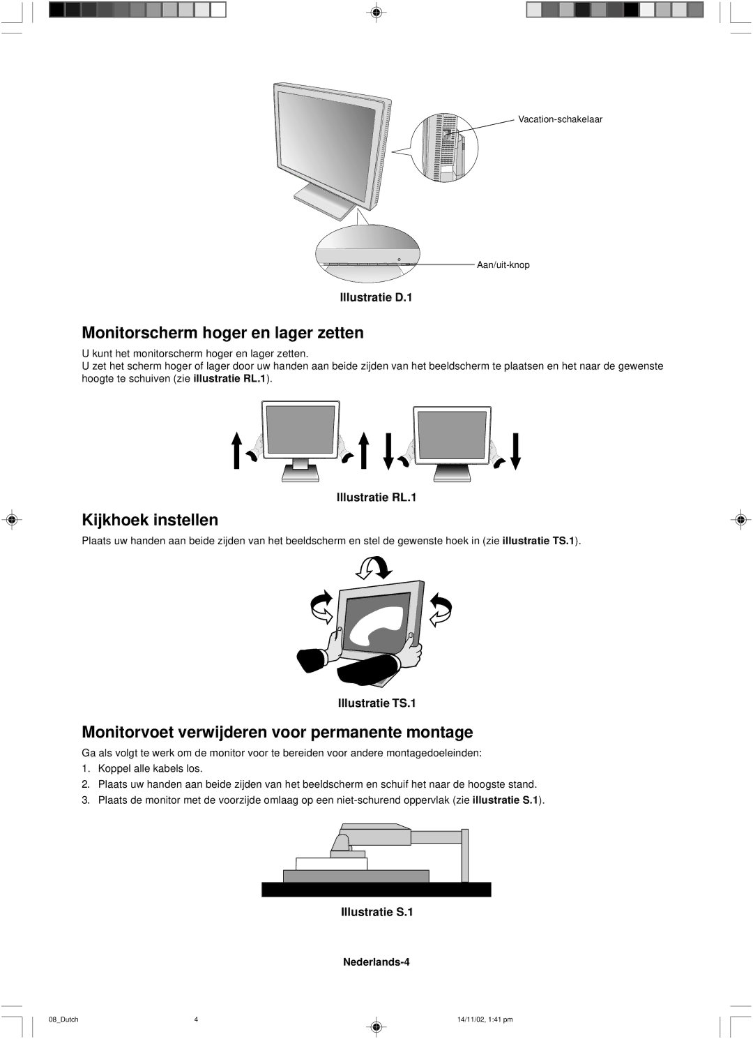 NEC LCD1760NX Monitorscherm hoger en lager zetten, Kijkhoek instellen, Monitorvoet verwijderen voor permanente montage 