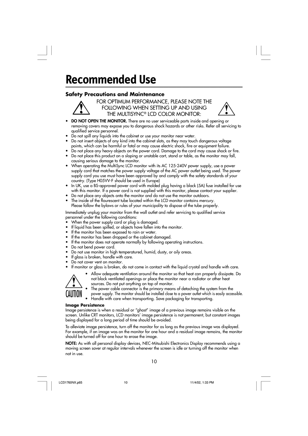 NEC LCD1760NX manual Recommended Use, Safety Precautions and Maintenance 