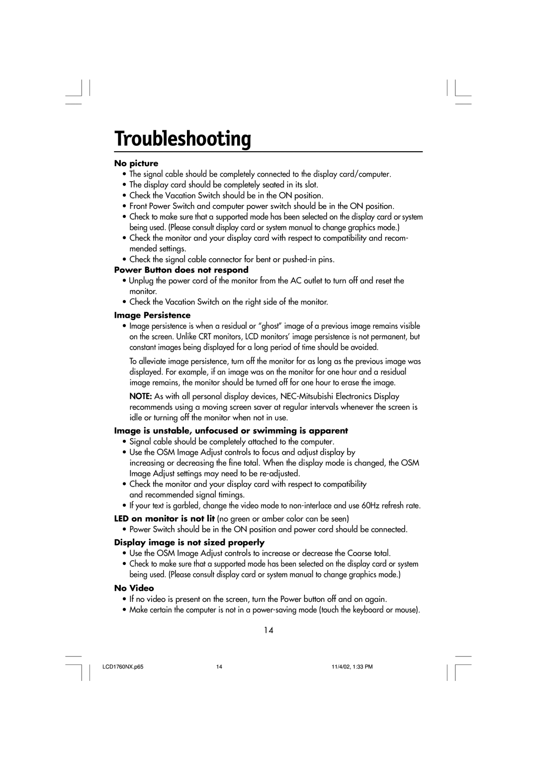 NEC LCD1760NX manual Troubleshooting, No picture 