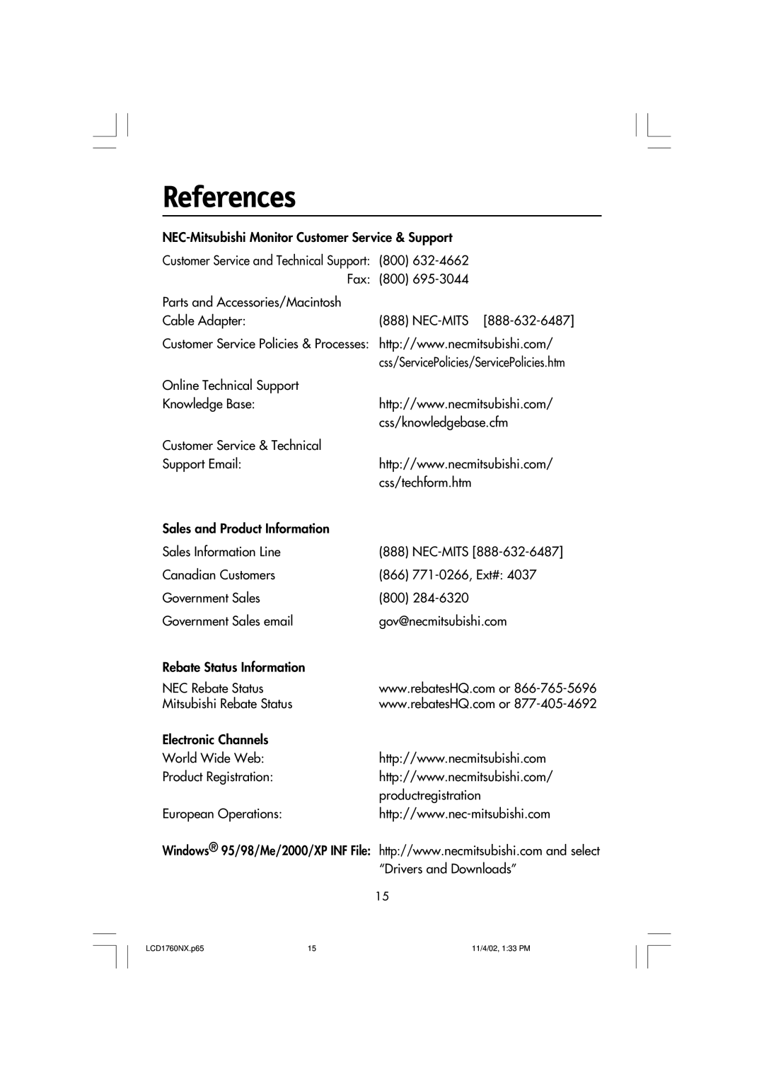 NEC LCD1760NX manual References, NEC-Mitsubishi Monitor Customer Service & Support 