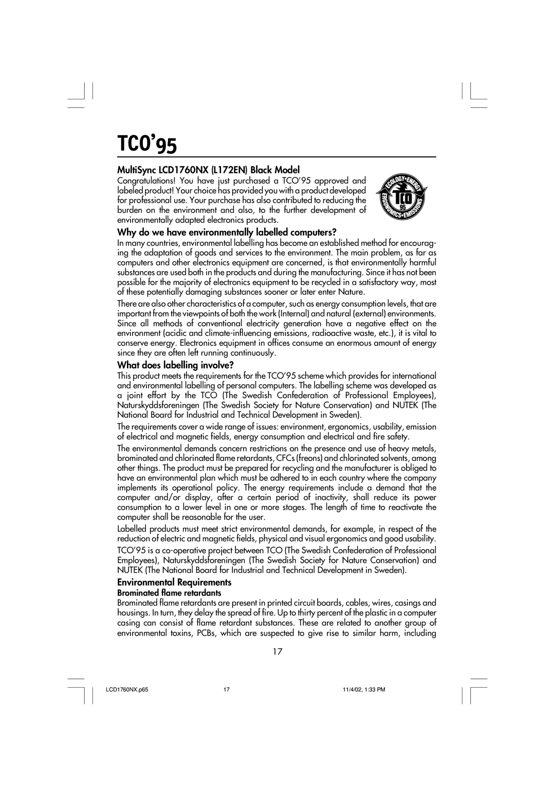 NEC manual TCO’95, MultiSync LCD1760NX L172EN Black Model, Why do we have environmentally labelled computers? 