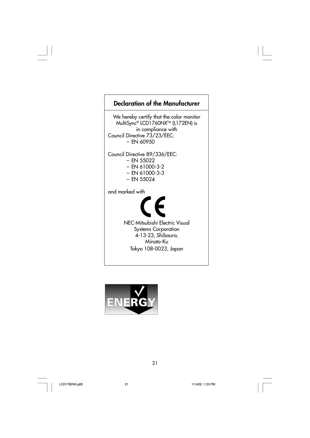 NEC LCD1760NX manual Declaration of the Manufacturer 