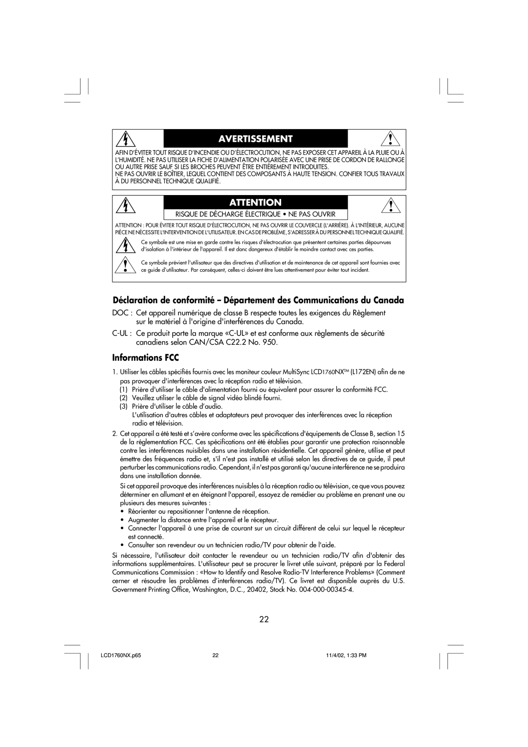 NEC LCD1760NX manual Avertissement, Informations FCC 