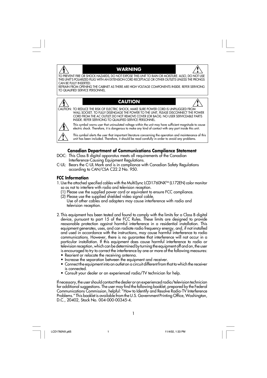 NEC LCD1760NX manual Canadian Department of Communications Compliance Statement, FCC Information 