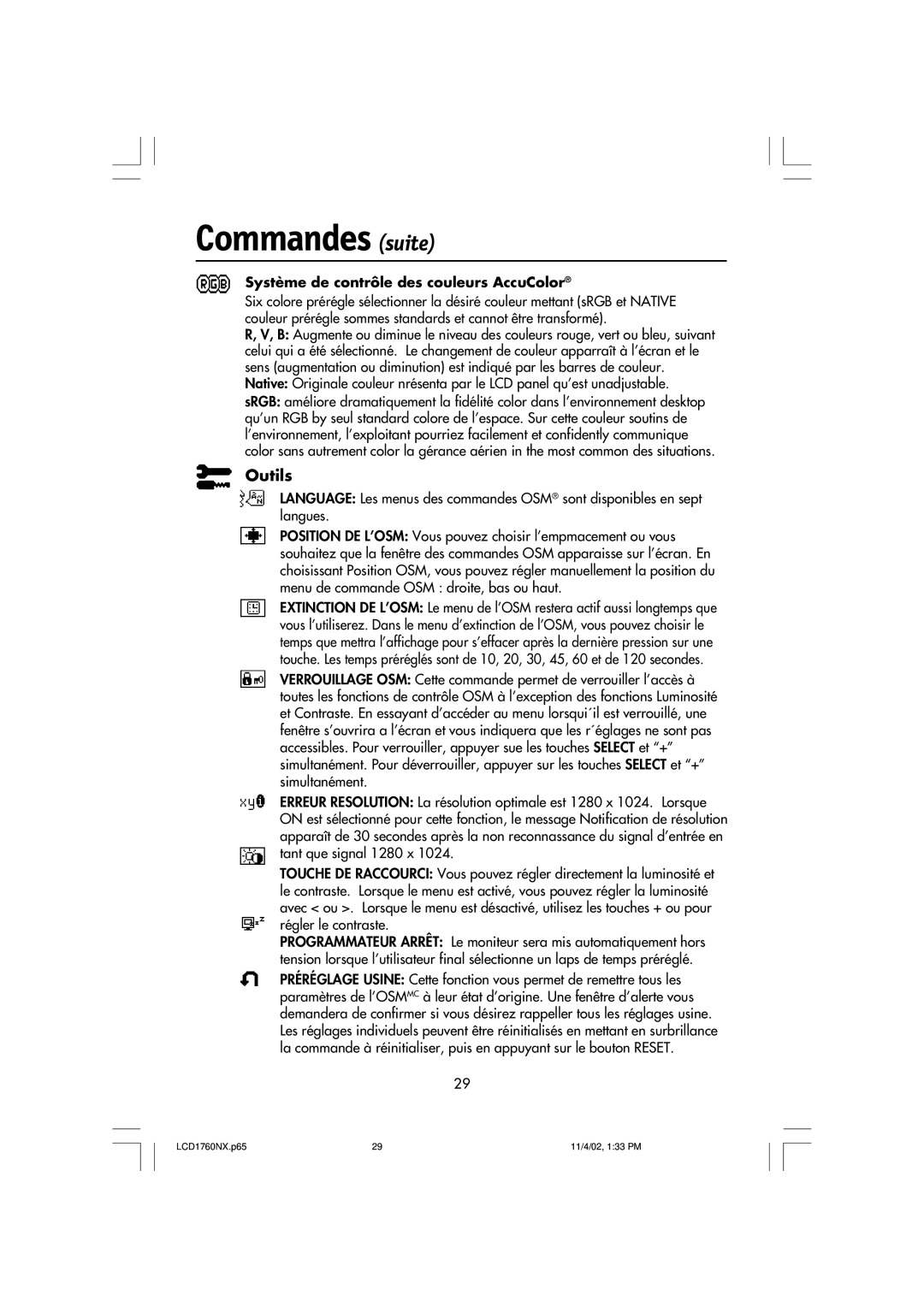 NEC LCD1760NX manual Commandes suite, Outils 