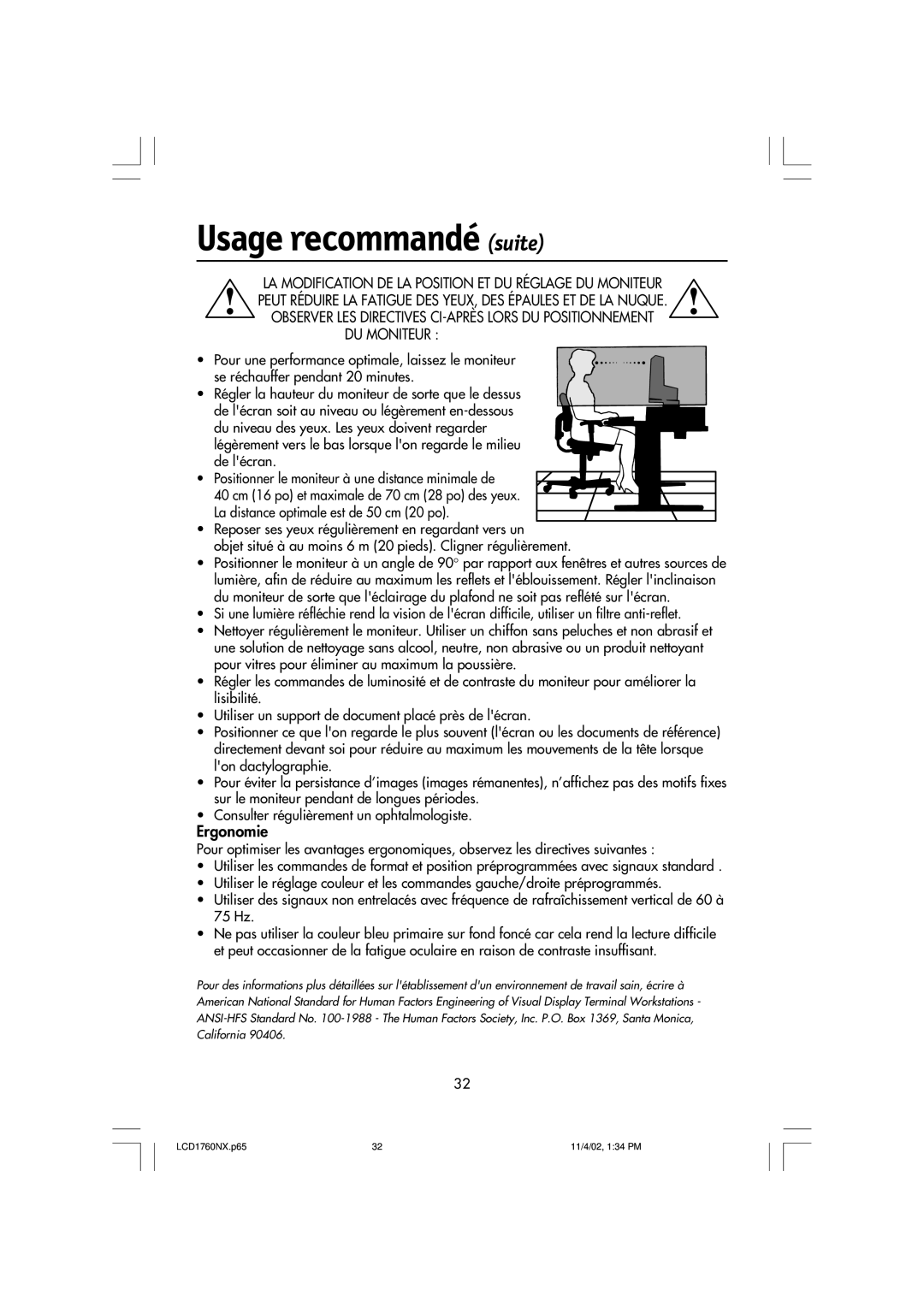 NEC LCD1760NX manual Usage recommandé suite, Ergonomie 