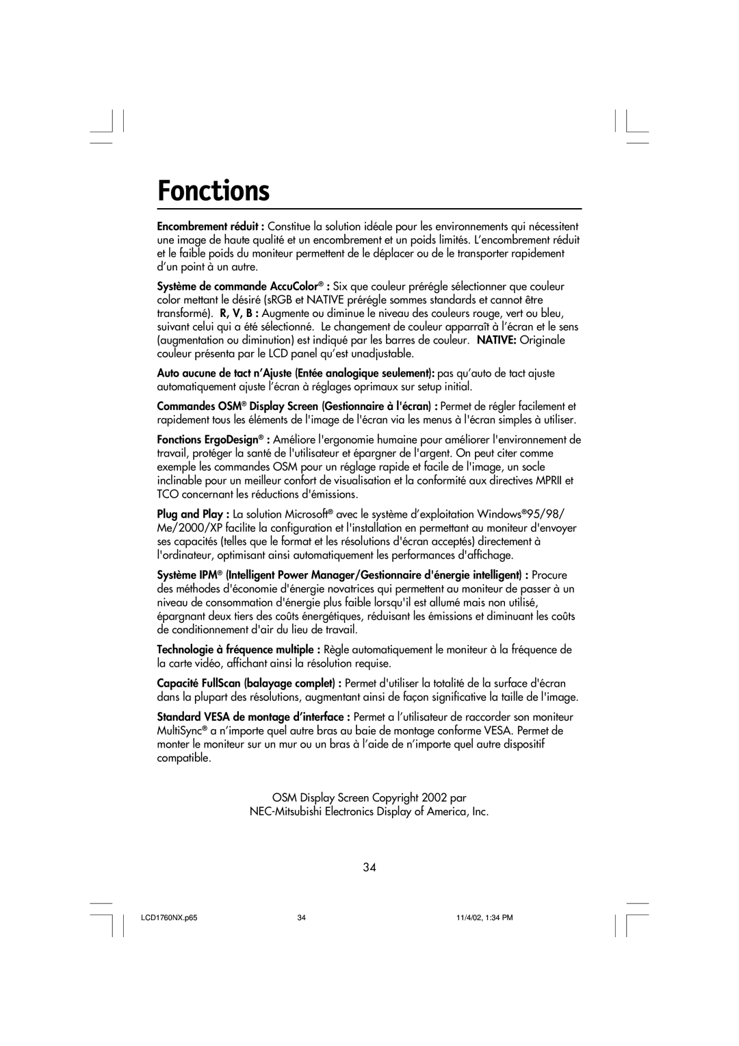 NEC LCD1760NX manual Fonctions 