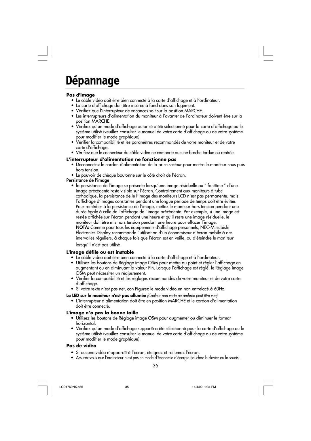 NEC LCD1760NX manual Dépannage, Pas dimage 