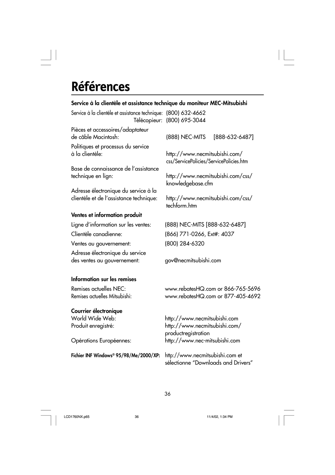 NEC LCD1760NX manual Références, Techform.htm, Sélectionne Downloads and Drivers 