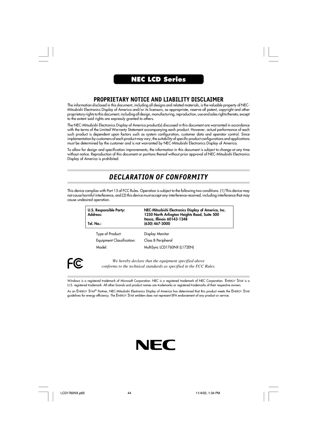 NEC LCD1760NX manual Declaration of Conformity 