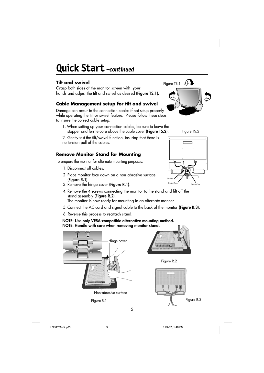 NEC LCD1760NX manual Tilt and swivel, Cable Management setup for tilt and swivel, Remove Monitor Stand for Mounting 