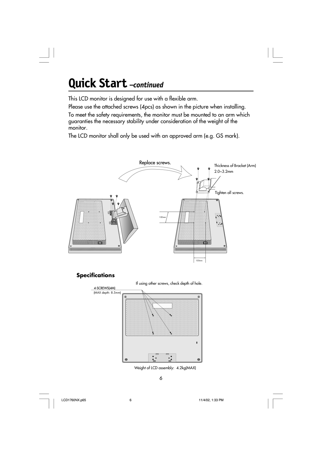 NEC LCD1760NX manual Specifications 