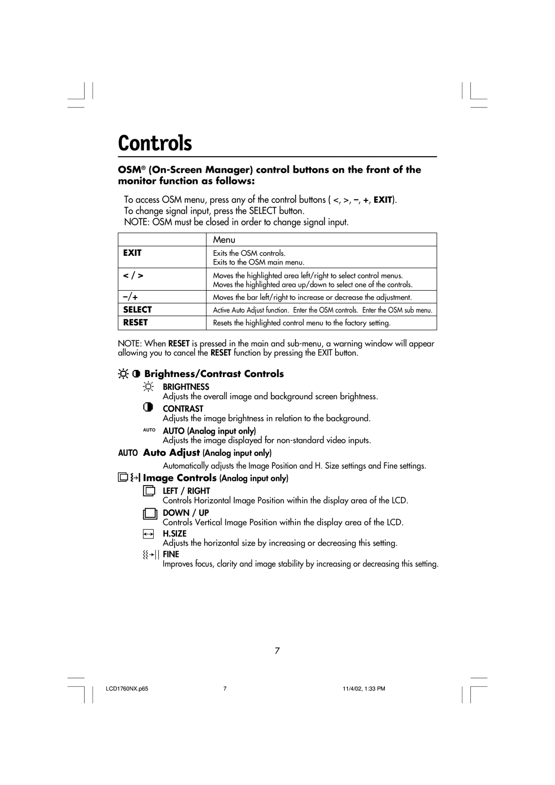 NEC LCD1760NX manual Brightness/Contrast Controls 