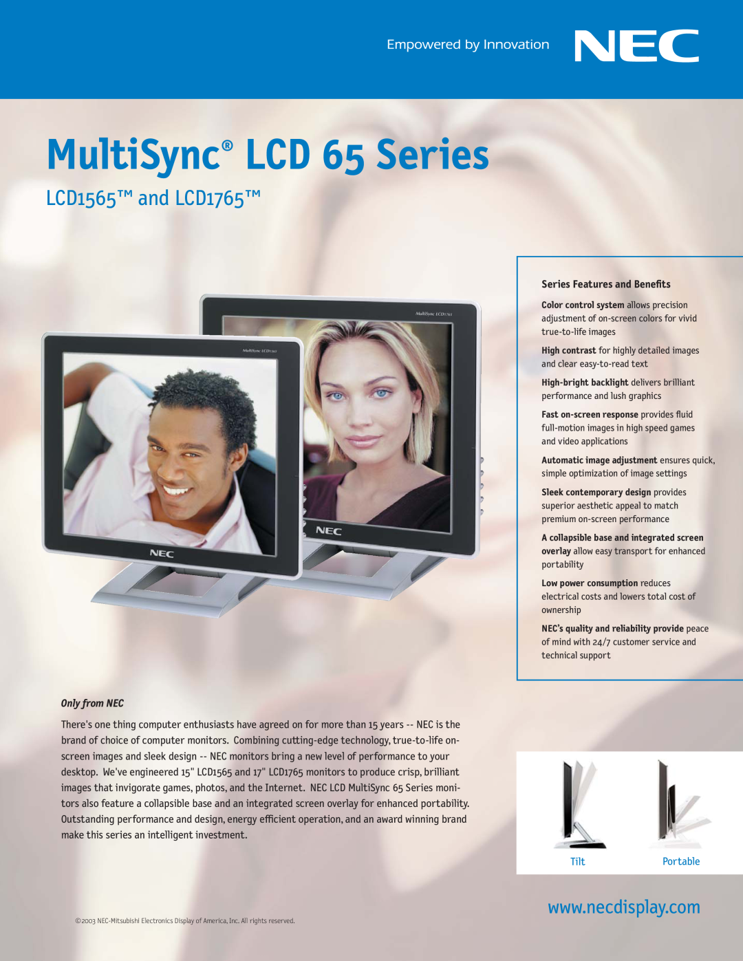 NEC manual MultiSync LCD 65 Series, LCD1565 and LCD1765, Only from NEC, Series Features and Benefits, TiltPortable 