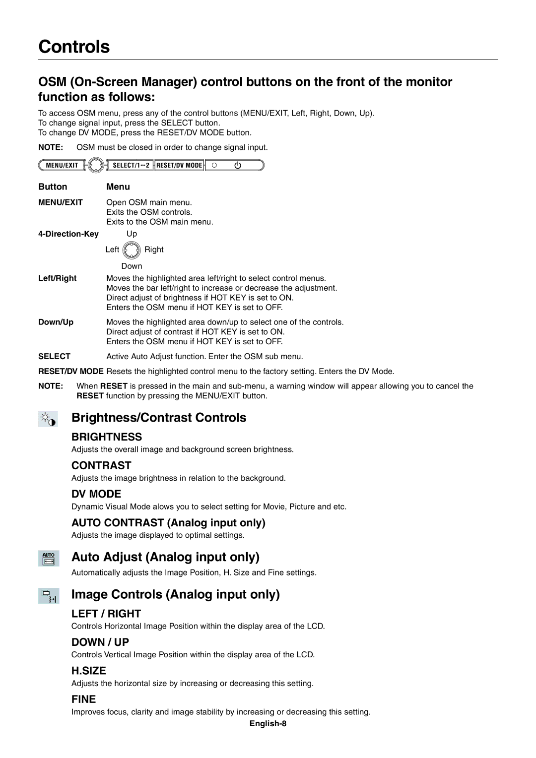 NEC LCD1770GX user manual Brightness/Contrast Controls, Auto Adjust Analog input only, Image Controls Analog input only 