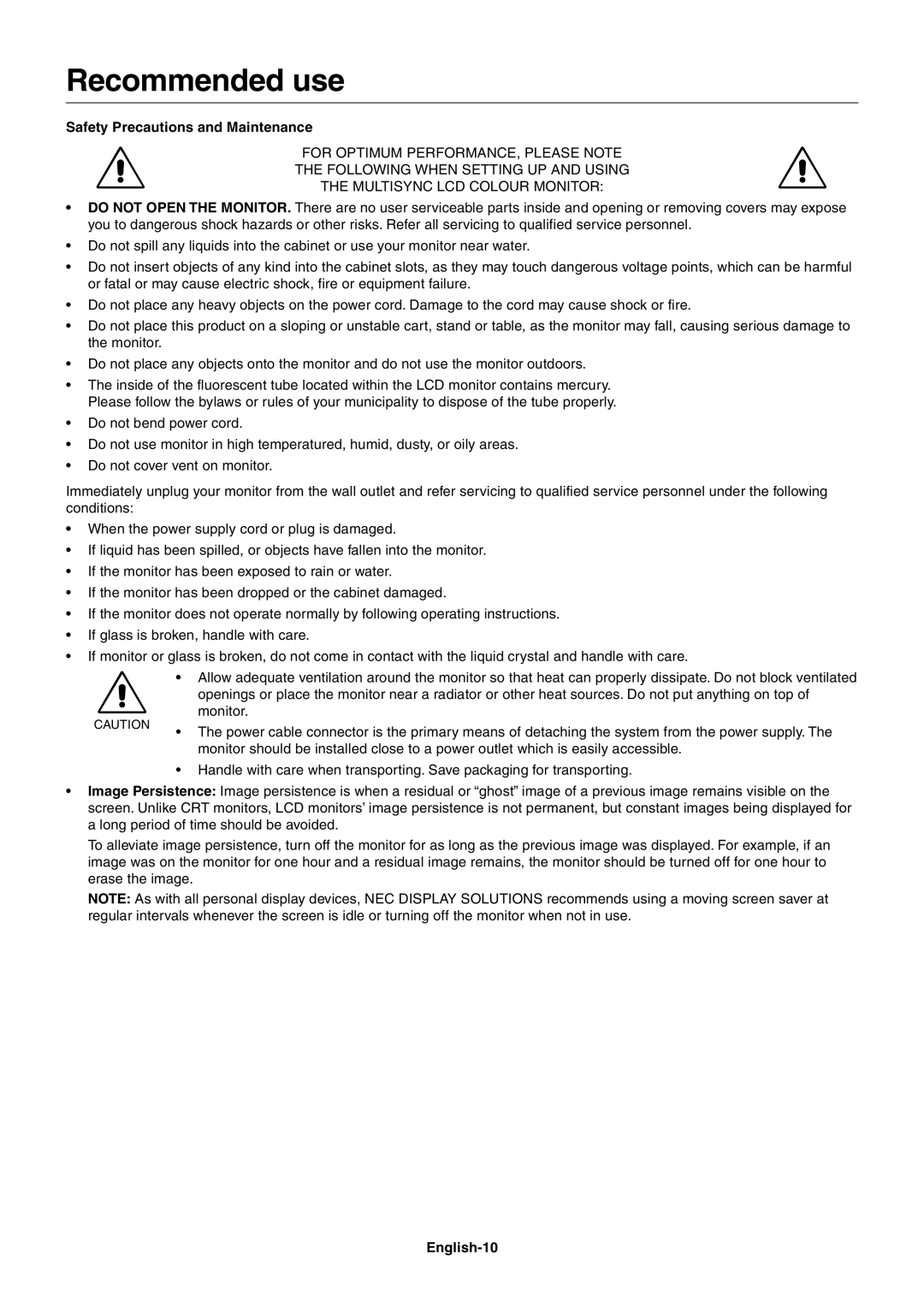 NEC LCD1770GX user manual Recommended use, Safety Precautions and Maintenance, English-10 