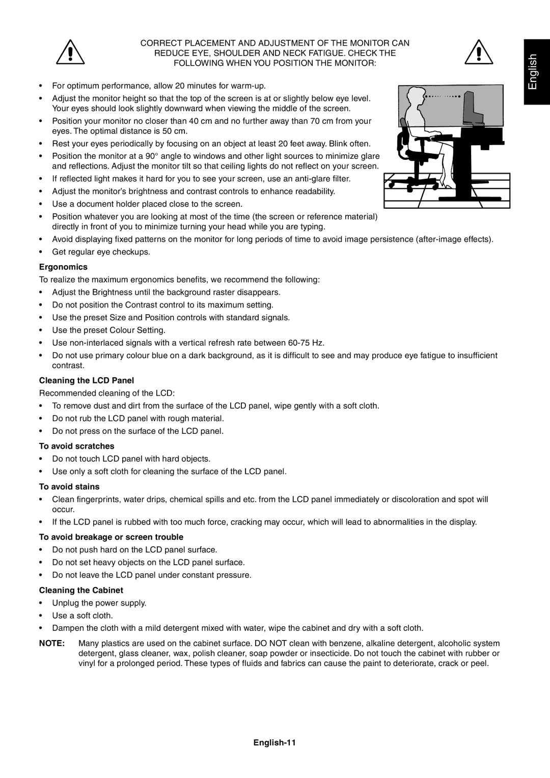 NEC LCD1770GX Ergonomics, Cleaning the LCD Panel, To avoid scratches, To avoid stains, To avoid breakage or screen trouble 