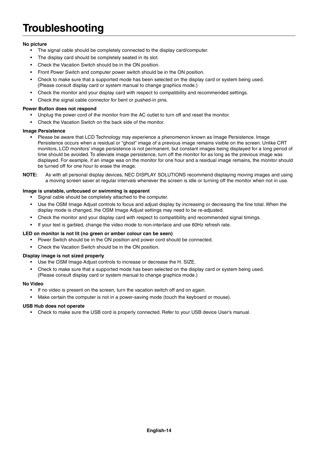 NEC LCD1770GX user manual Troubleshooting 