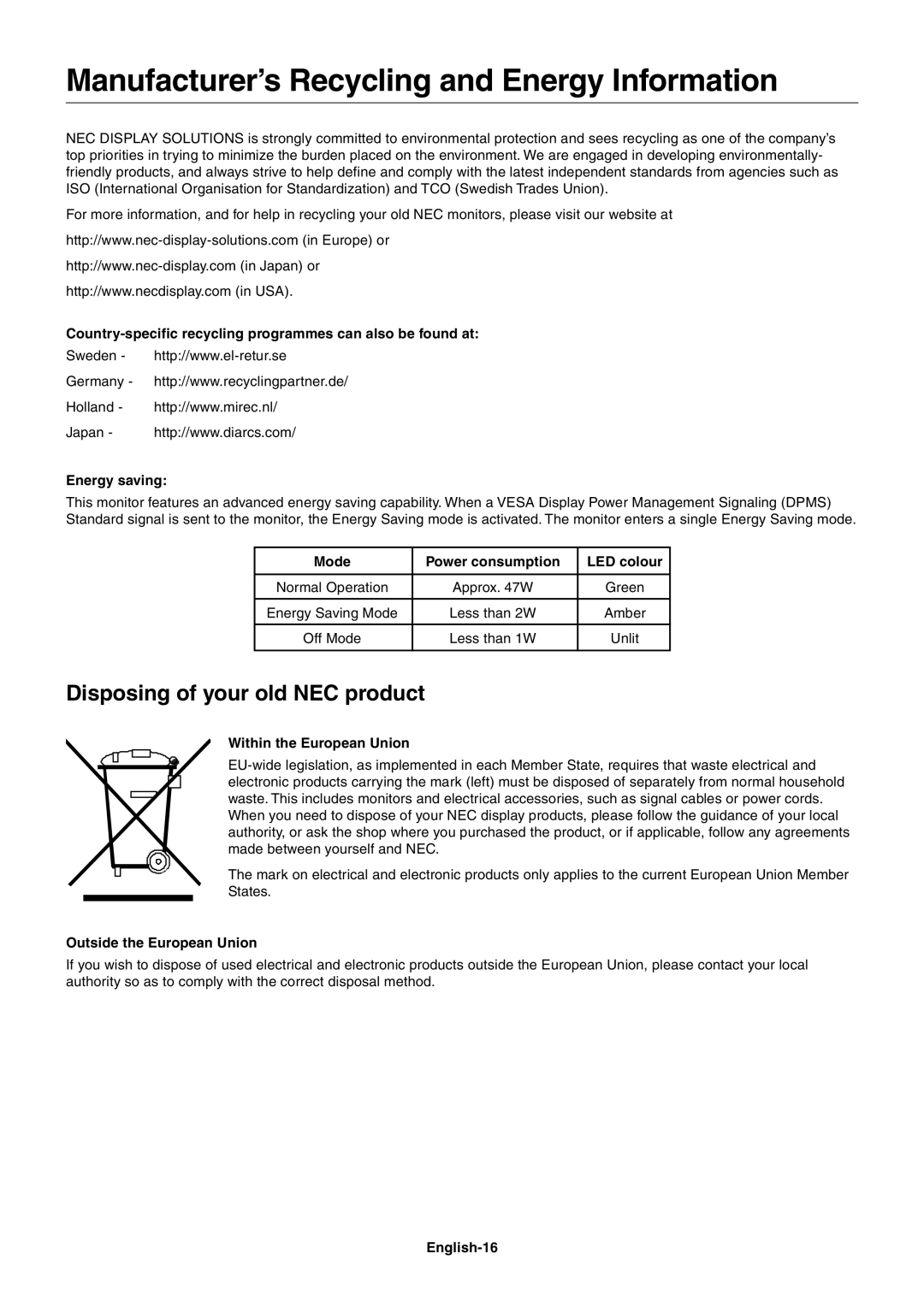 NEC LCD1770GX user manual Manufacturer’s Recycling and Energy Information, Disposing of your old NEC product 