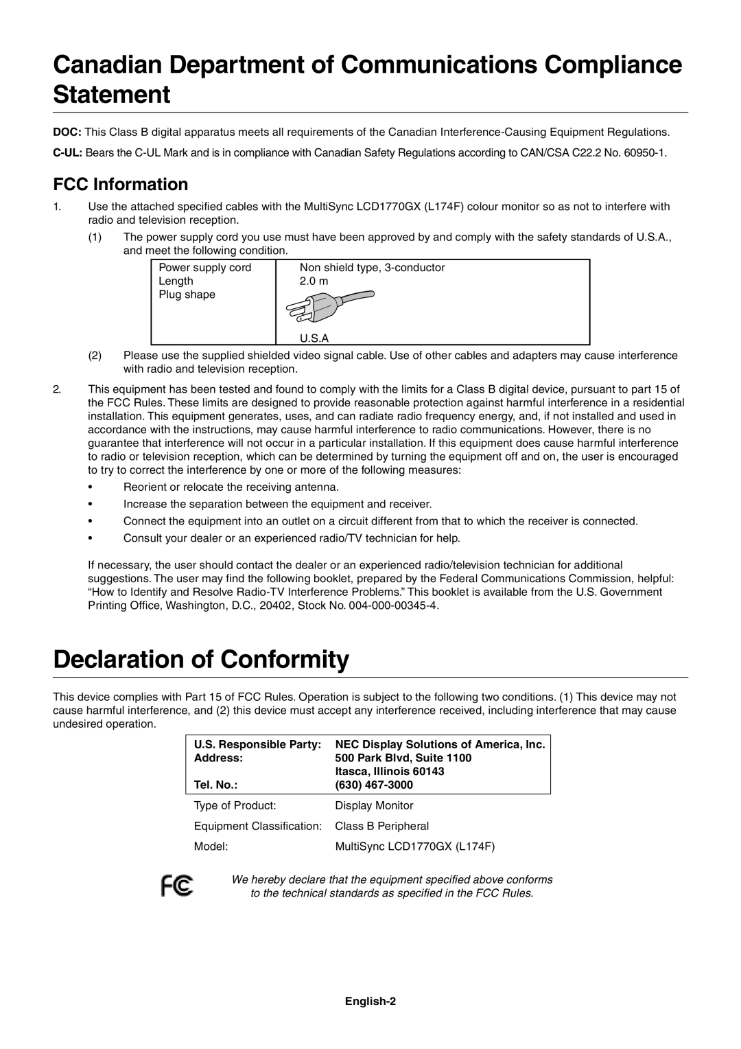 NEC LCD1770GX Canadian Department of Communications Compliance Statement, Declaration of Conformity, FCC Information 