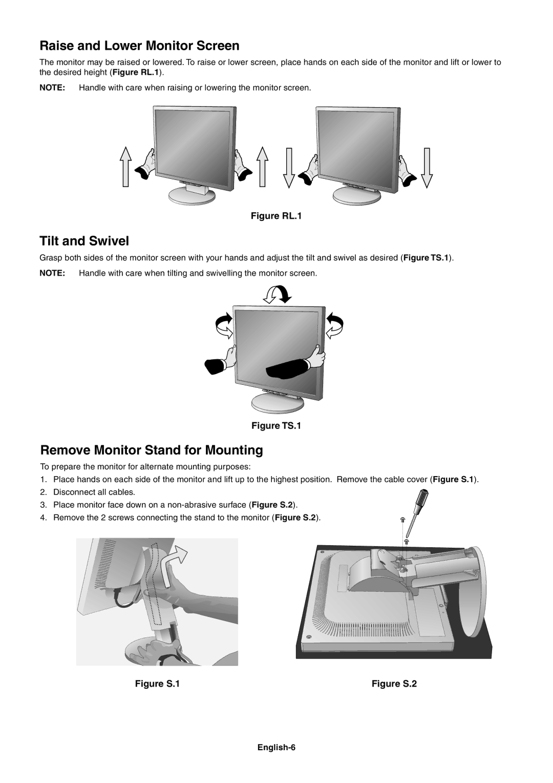 NEC LCD1770GX user manual Raise and Lower Monitor Screen, Tilt and Swivel, Remove Monitor Stand for Mounting, English-6 