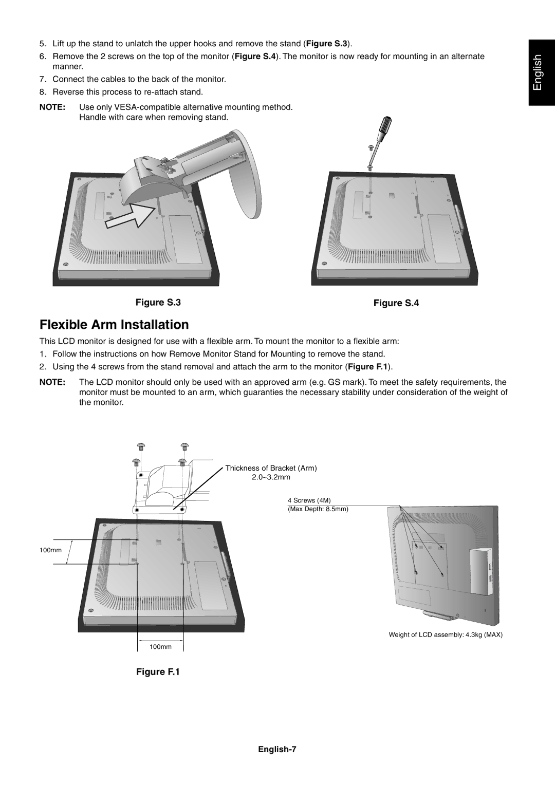 NEC LCD1770GX user manual Flexible Arm Installation, English-7 