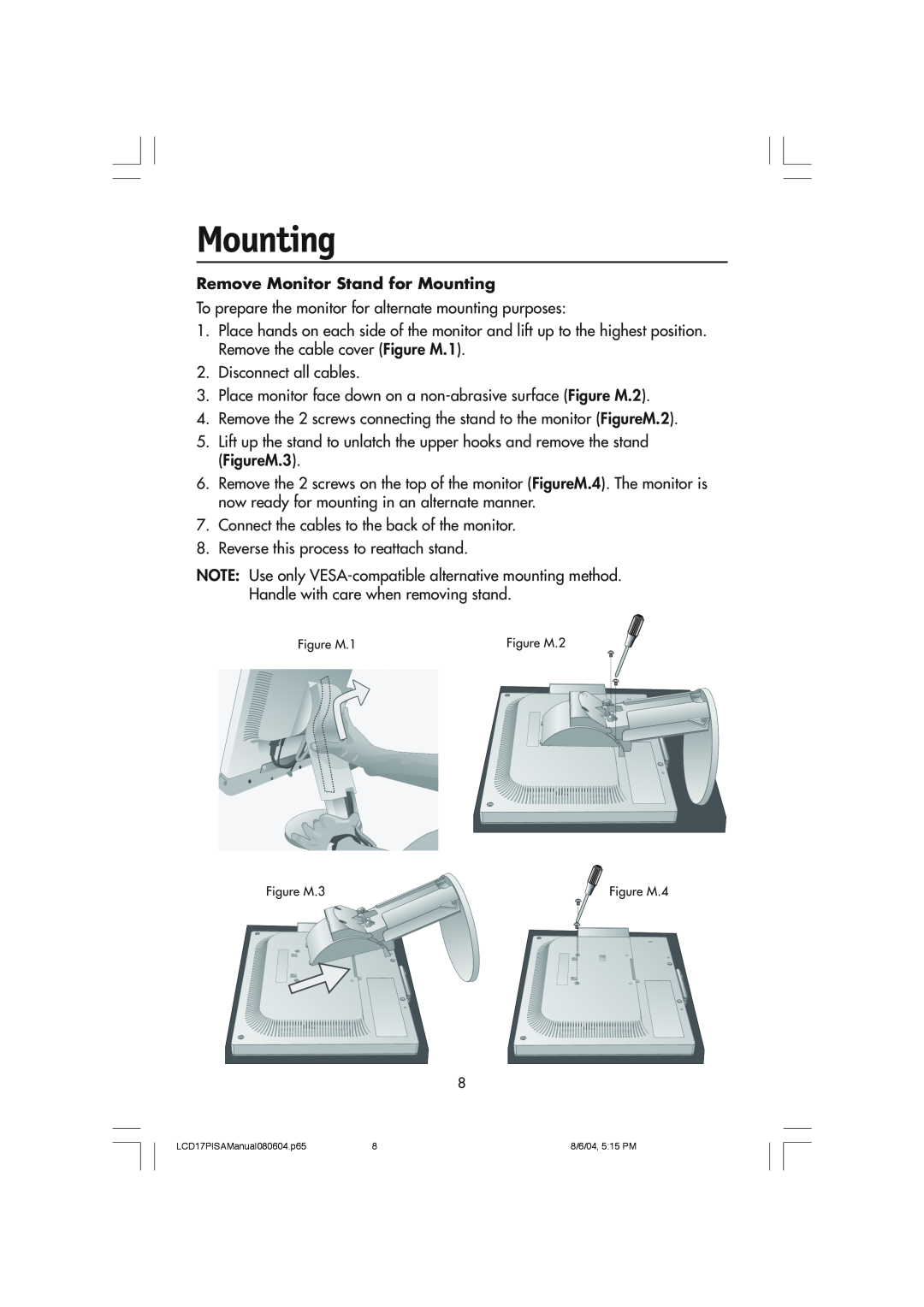 NEC LCD1770V, LCD1770NX, LCD1770NXM user manual Remove Monitor Stand for Mounting 