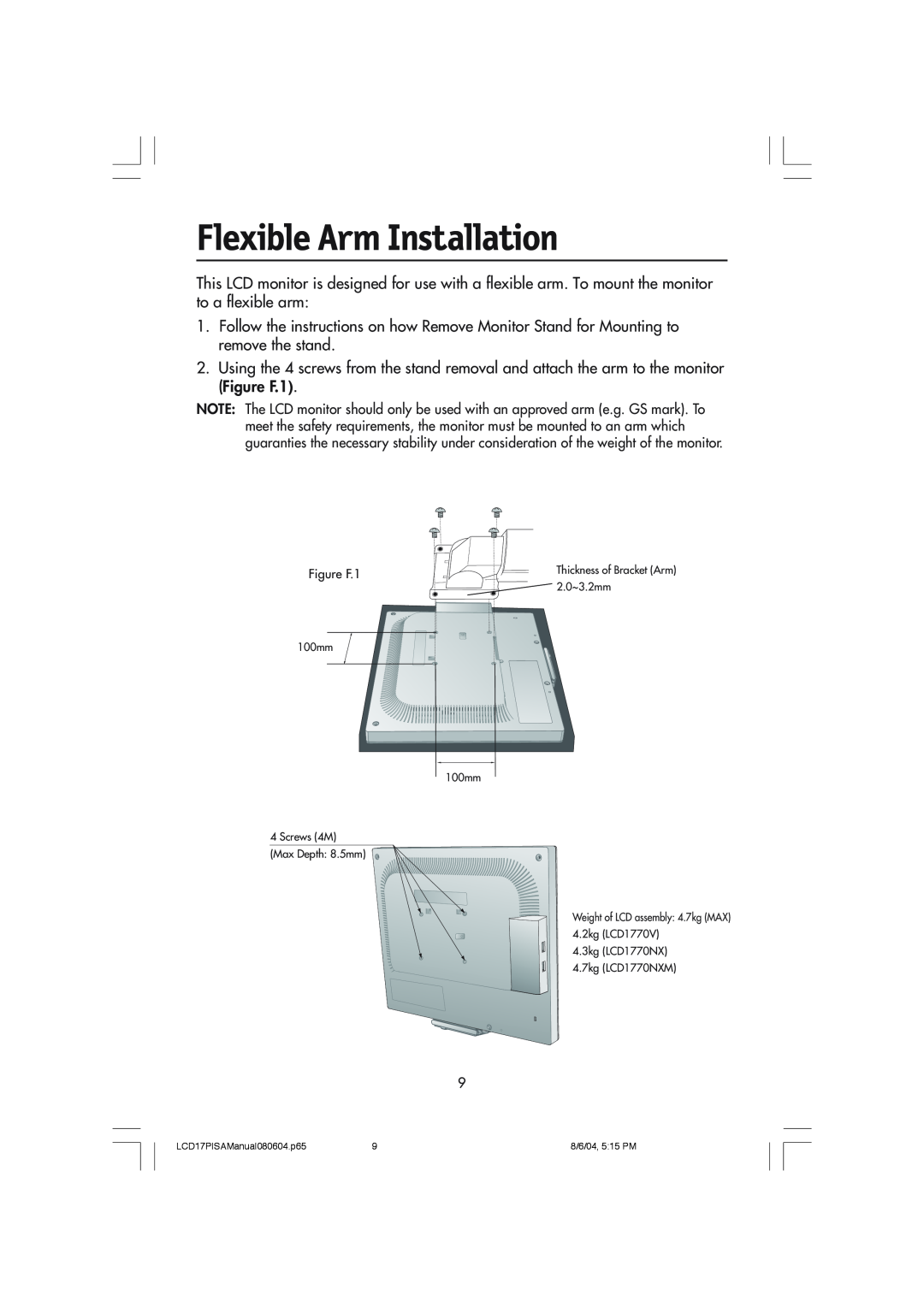 NEC LCD1770V, LCD1770NX, LCD1770NXM user manual Flexible Arm Installation 