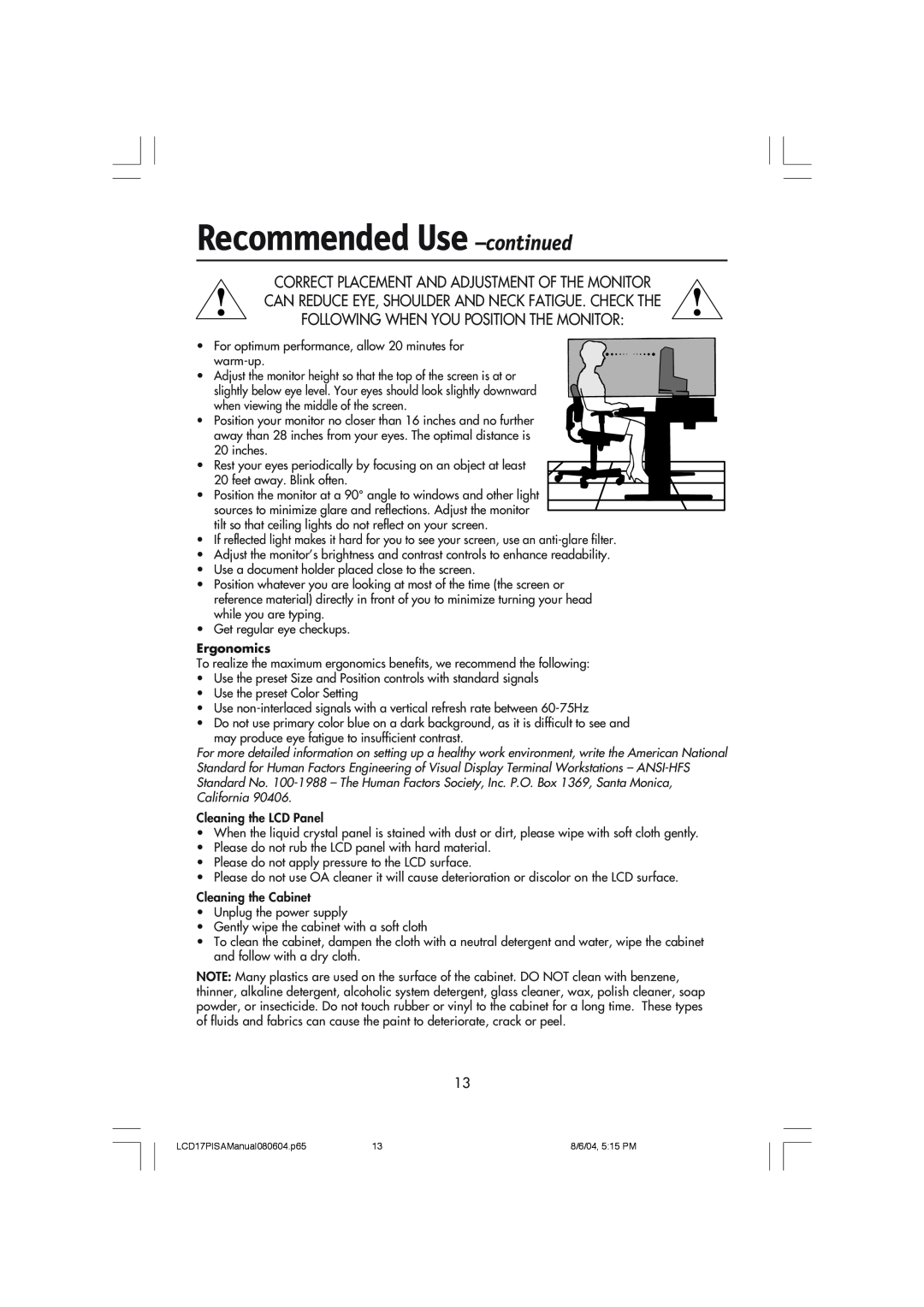 NEC LCD1770V, LCD1770NX, LCD1770NXM user manual Recommended Use -continued, Correct Placement And Adjustment Of The Monitor 