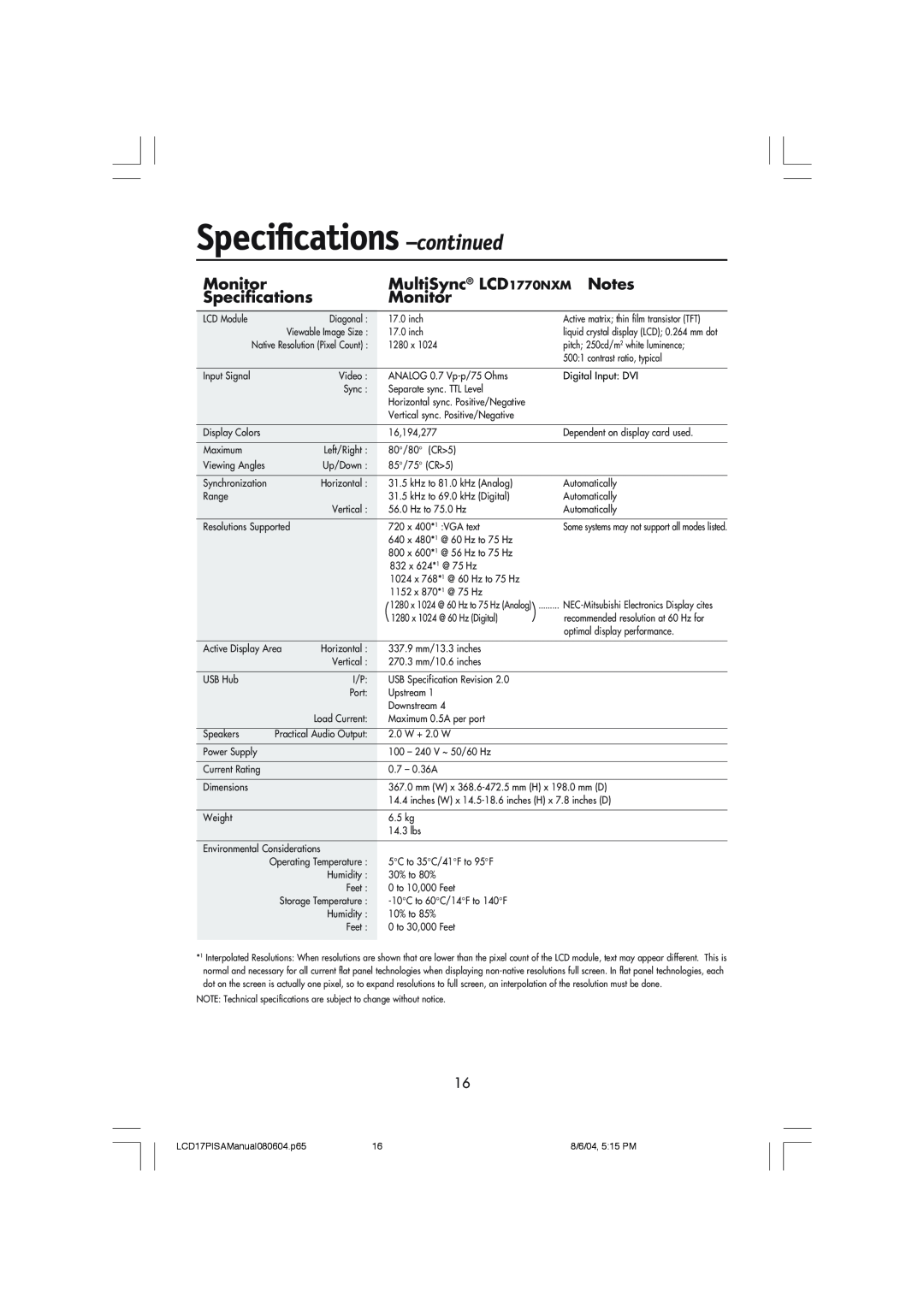 NEC LCD1770V, LCD1770NX, LCD1770NXM user manual MultiSync LCD 1770NXM, Specifications -continued, Monitor 