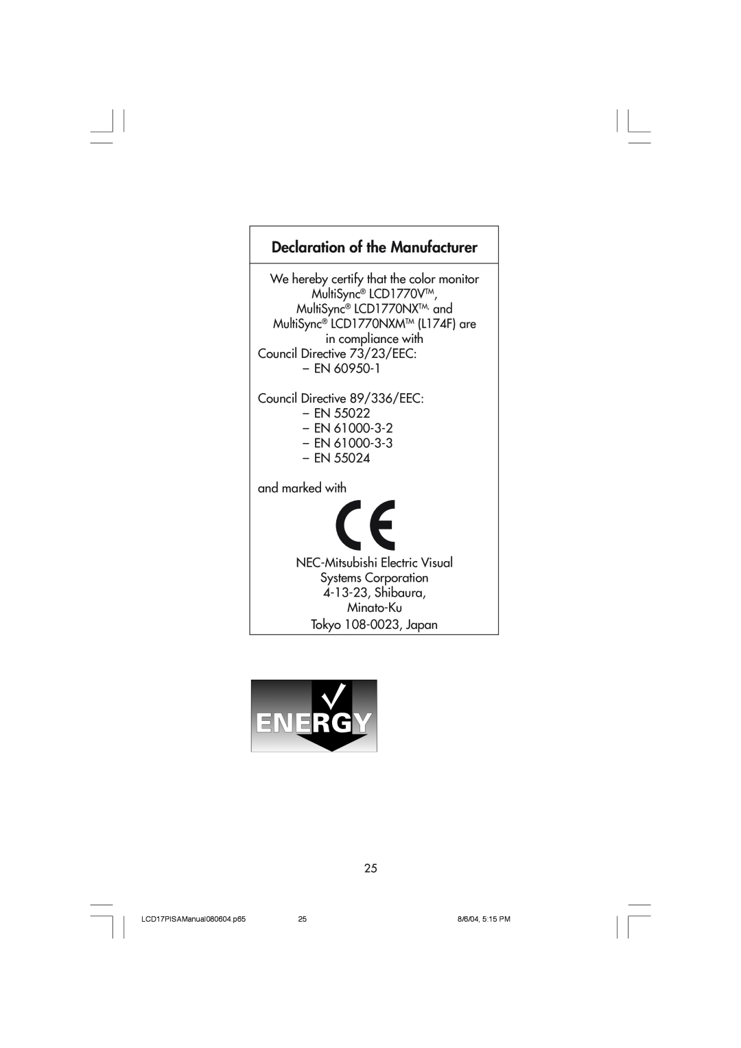 NEC LCD1770V, LCD1770NX, LCD1770NXM user manual Declaration of the Manufacturer 