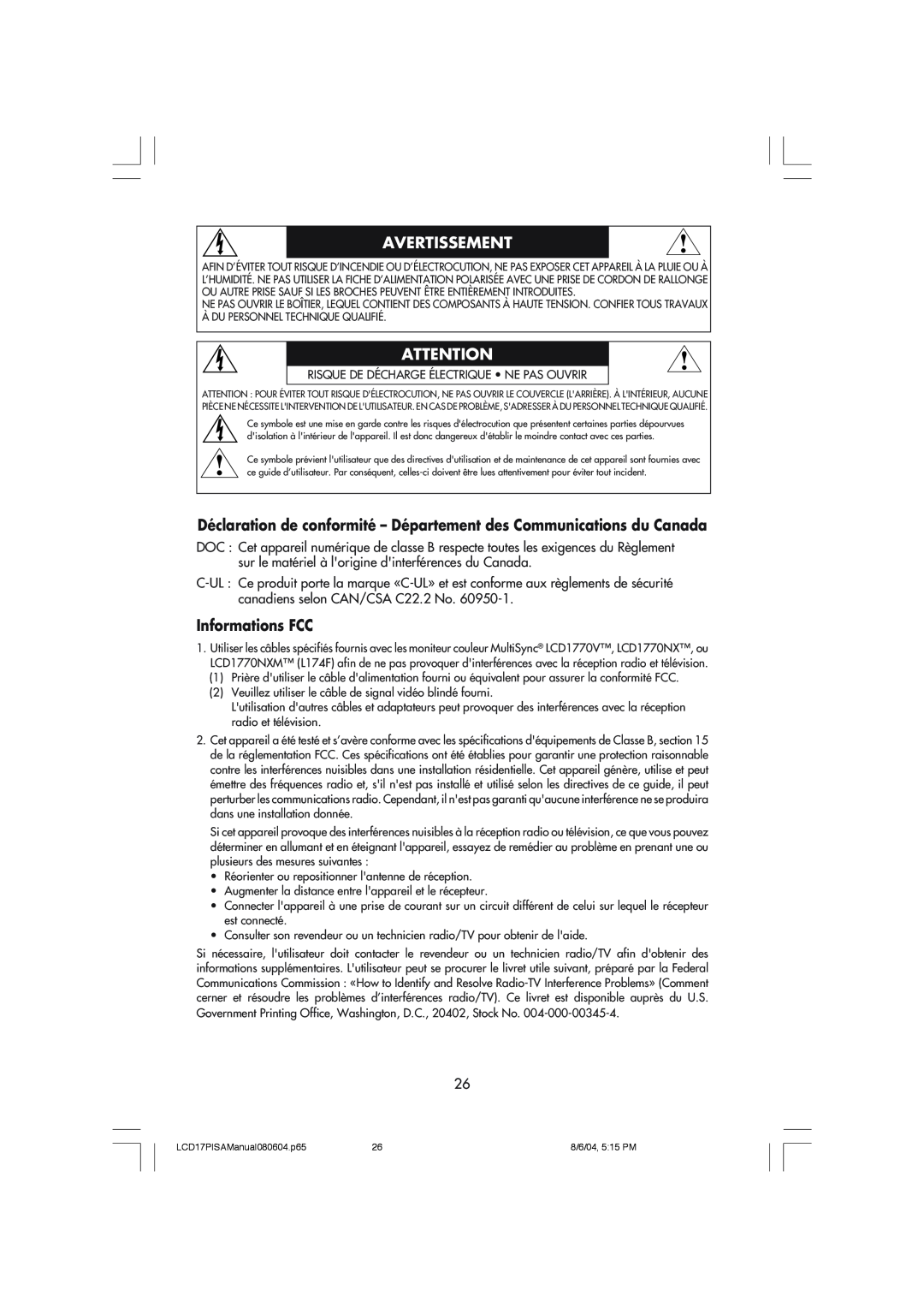 NEC LCD1770V Déclaration de conformité - Département des Communications du Canada, Informations FCC, Avertissement 
