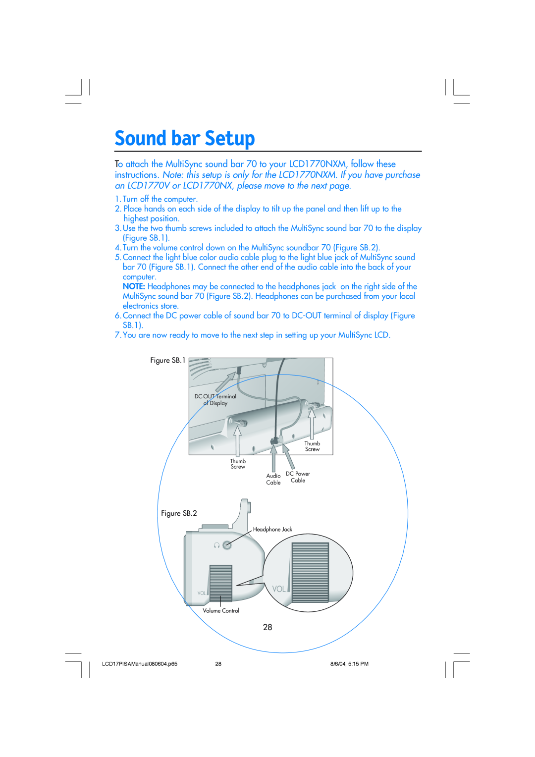 NEC LCD1770V, LCD1770NX, LCD1770NXM user manual Sound bar Setup 