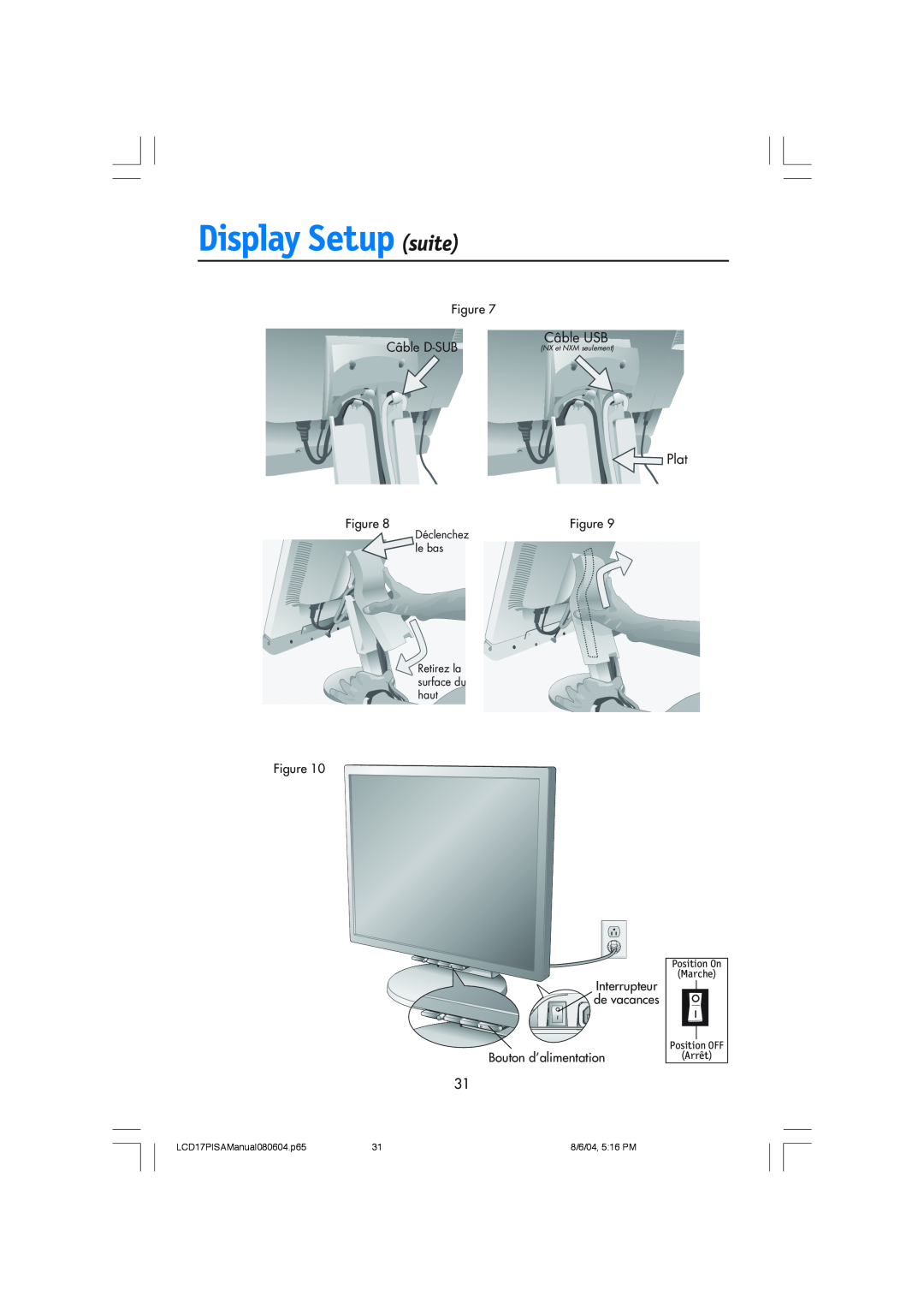 NEC LCD1770V, LCD1770NX, LCD1770NXM user manual Display Setup suite, Plat, Câble D-SUB, Câble USB, Bouton dÕalimentation 