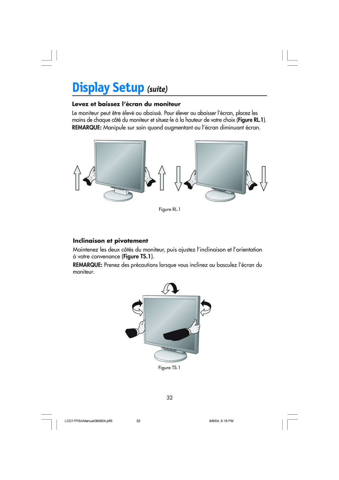 NEC LCD1770V user manual Levez et baissez l’écran du moniteur, Inclinaison et pivotement, Display Setup suite 