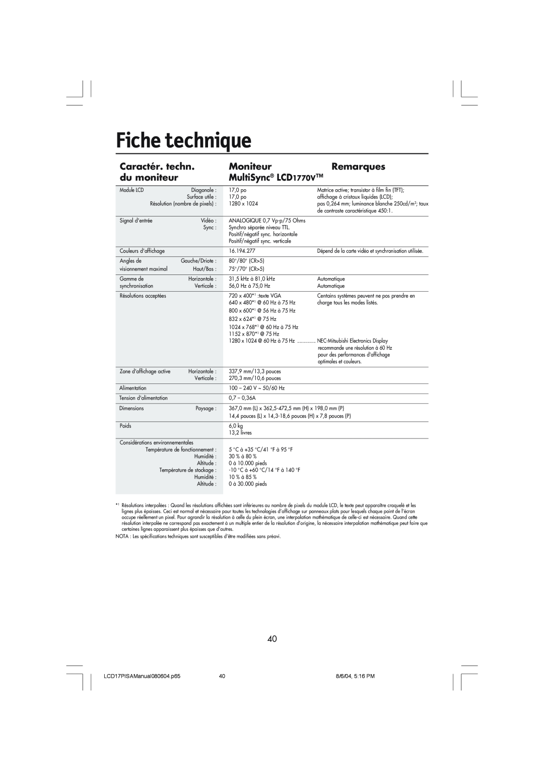 NEC user manual Fiche technique, Caractér. techn, Moniteur, Remarques, du moniteur, MultiSync LCD1770V 