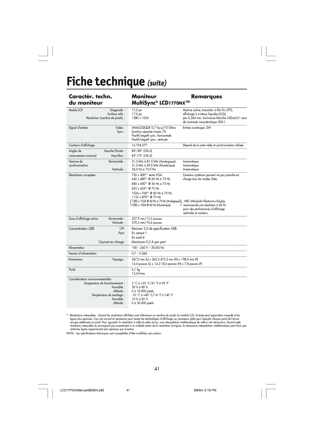 NEC LCD1770V, LCD1770NX, LCD1770NXM user manual Fiche technique suite, Caractér. techn, Moniteur, Remarques, du moniteur 