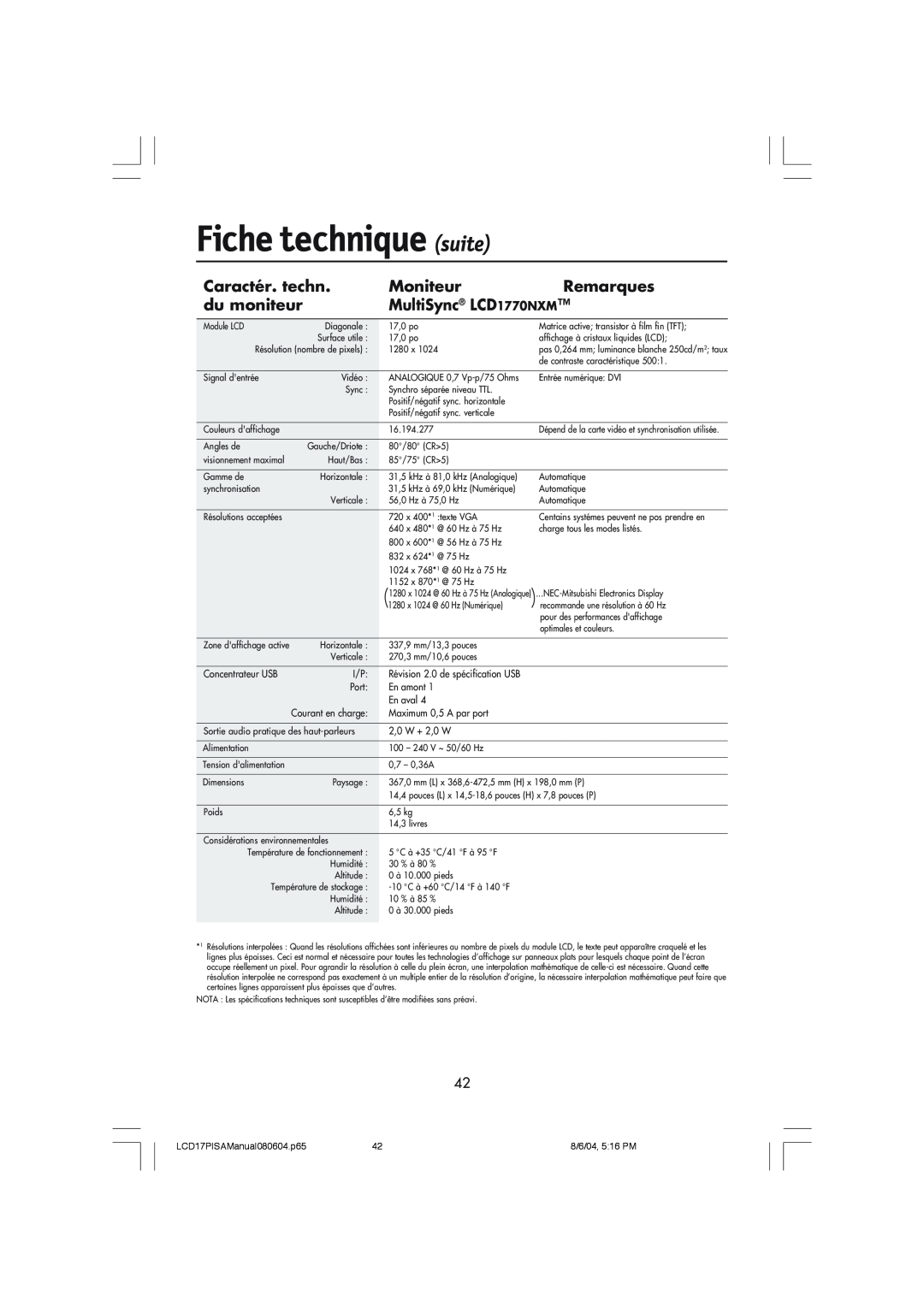NEC LCD1770V user manual Fiche technique suite, Caractér. techn, Moniteur, Remarques, du moniteur, MultiSync LCD 1770NXM 